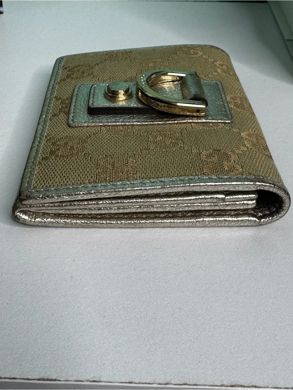 Gucci Beige Monogram Canvas Card Case with Metallic Trim